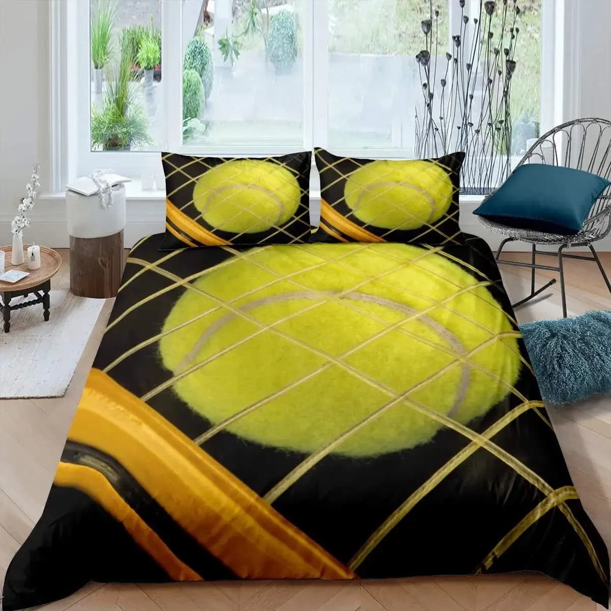 Set duvet cover with cancha print, children's theme cover sports games for boys, bedding set for sports equipment for yellow tennis racket