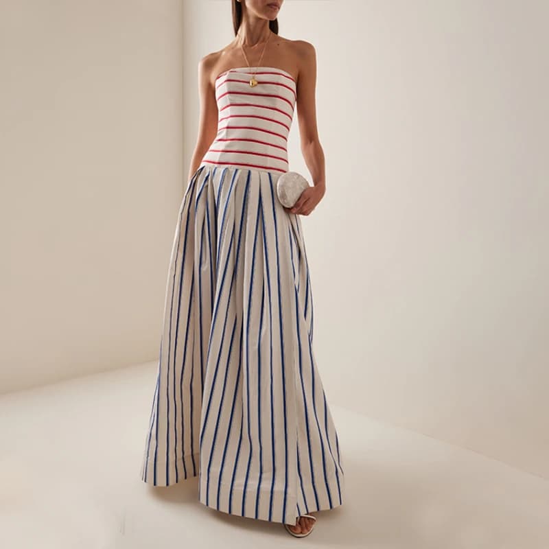 Flaxmaker 2025 Long dress with striped print Summer dress with shoulders discoveries Party dresses Femme Party dresses