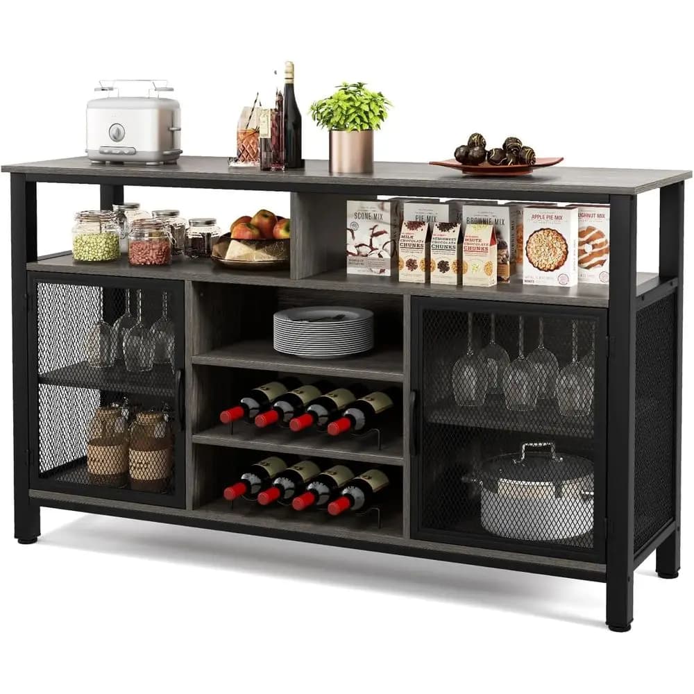 Credenza da Cucina Grigia con Portabottiglie per 8 Bottiglie e Portabicchieri, Mobile Contenitore per Liquori, Supporto TV o Arredo Sala da Pranzo