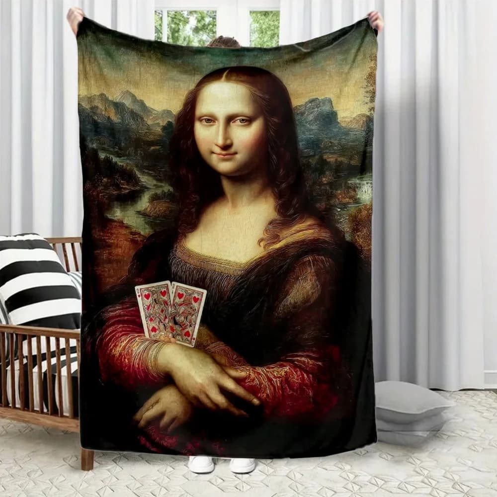Modelli interessanti della coperta stampata in flanella Mona Lisa adatta a tutte le stagioni adatta per divani da ufficio e viaggi