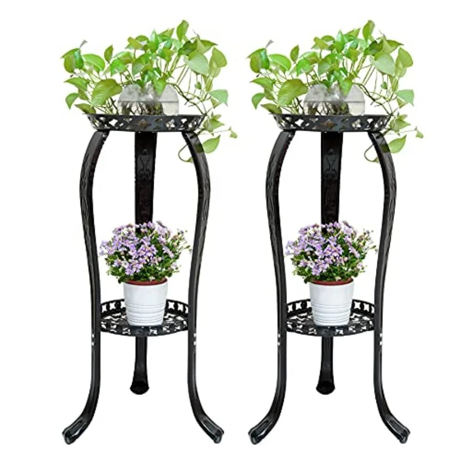 Set di 2 Supporti in Metallo per Piante in Vaso, Espositore Decorativo a 2 Livelli per Fiori, Portavasi per Interni ed Esterni