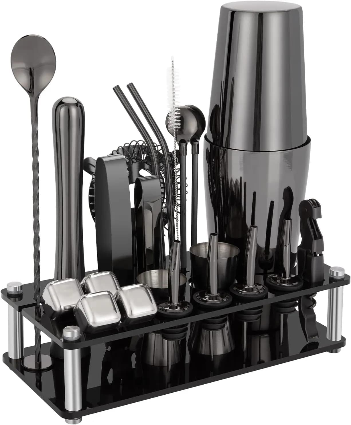 Set da Cocktail 23 Pezzi, Kit da Barman in Acciaio Inox Boston con Supporto in Acrilico e Libretto di Ricette, Strumenti Professionali da Bar