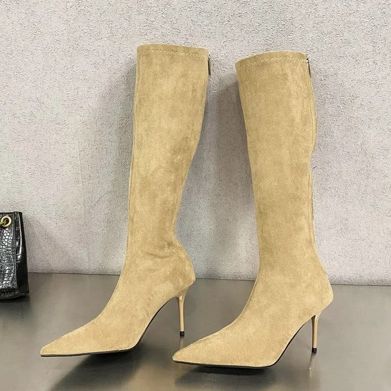Eilyken Street Style Autunno Inverno Stivali a punta da donna Stivali al ginocchio Moda Cerniera Tacchi alti sottili Scarpe da ballo per banchetti
