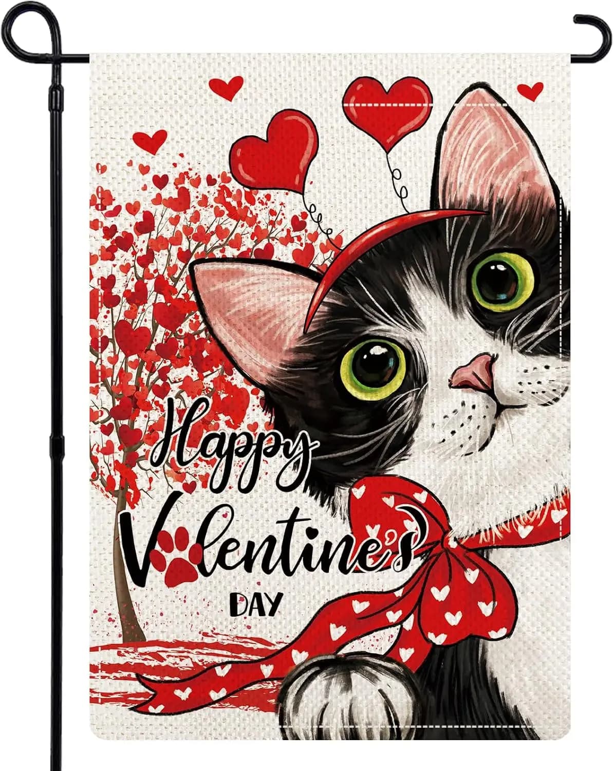Bandiere da Giardino Gatto Nero per San Valentino, Bandiere da Giardino Gatto con Cuore d'Amore Primaverile 12x18 Bifacciali, Benvenuto Primavera LLG
