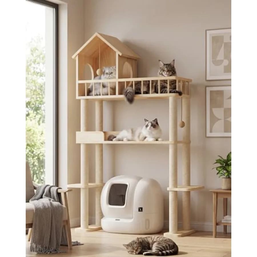 Wood Cat Tower for Automatic Litter Box, 4 Tier Cat Tree, 60 Inch Multi-Level Solid Wood Cat Tree for Indoor Large Cats, Tall C