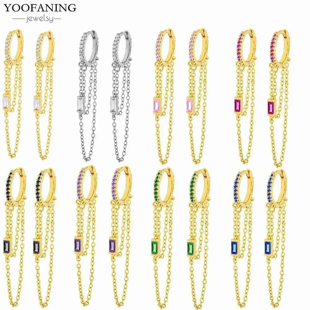 YOOFANING 1PC 925 Sterling Silver Ear Needle Colorful Zircon Chain Tassel Hoop Earrings for Women Earring Jewelry Party Gift