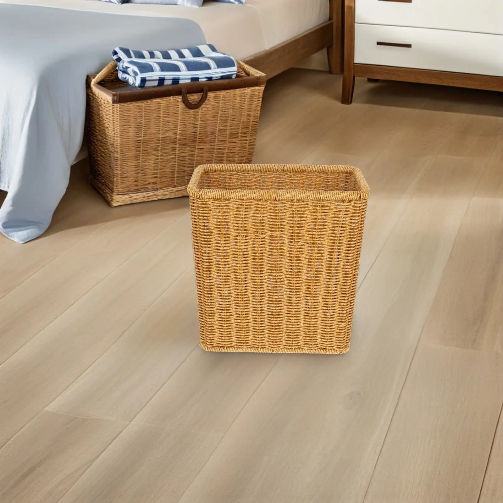 Cestino Decorativo in Imitazione Rattan, Contenitore per Rifiuti in Plastica con Apertura Superiore, Grande Bidone Intrecciato per Camera da Letto, Soggiorno, Ufficio