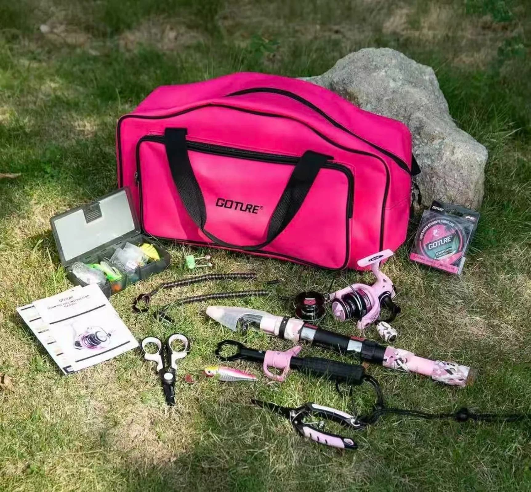 Goture Set Canna da Pesca e Mulinello Rosa, Kit Completo: Canna Telescopica, Mulinello Spinning, 66 Esche, Borsa Porta Attrezzatura, Accessori da Pesca