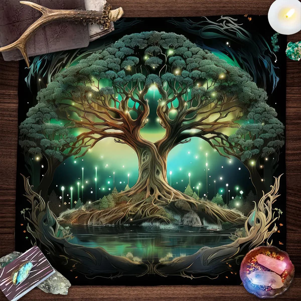 Misterioso albero verde della vita Tovaglia per carte dei tarocchi Tovaglia per altare Wicca Fantastica tovaglia per albero della vita per tarocchi Oracle Card Pad