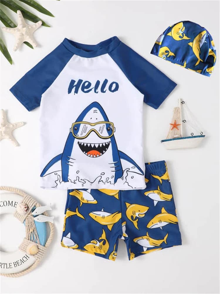 Kids Swimsuit Boy Swimming 2026 New Shark Pattern Short Sleeves Children Swimwear Summer Two Piece Shorts Beachwear Bathing Suit
