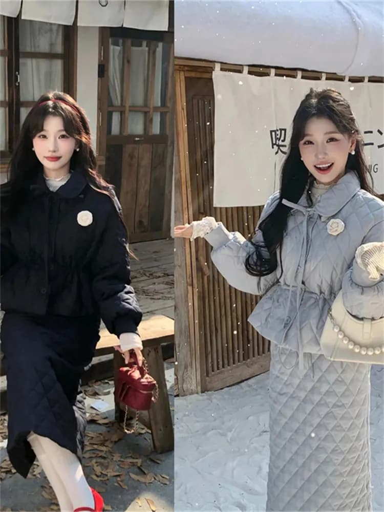 Korean Style Soft Wind Women's Cotton Jacket And Skirt Set Winter New Arrival Slimming Half-length Skirt Two-piece Set