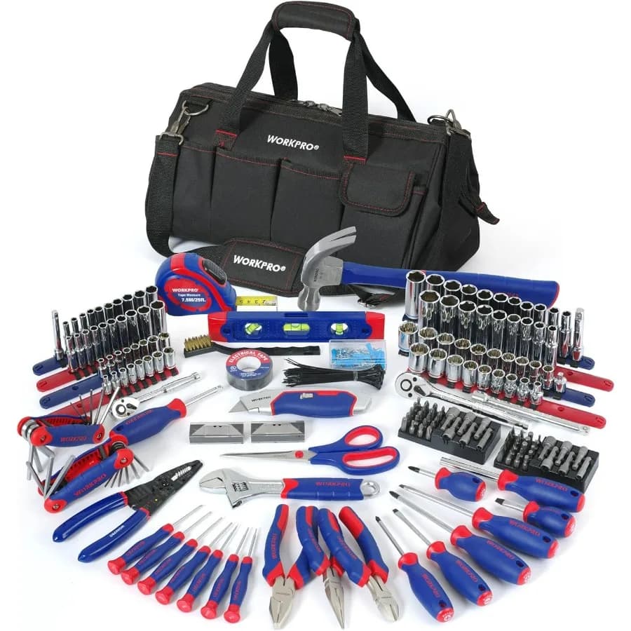 Kit di attrezzi per riparazioni domestiche da 322 pezzi con borsa per il trasporto - Utensili manuali domestici di base in nero e rosso per un uso durevole