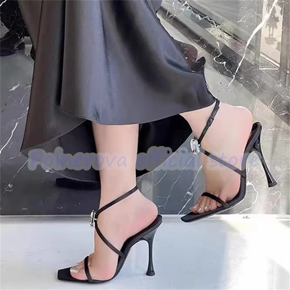 Fashion Pleated Design Super High Heel Women Slippers Peep Toe Metal Thin Heel Slingback Pumps Lady Party Dress Gladiator Shoes