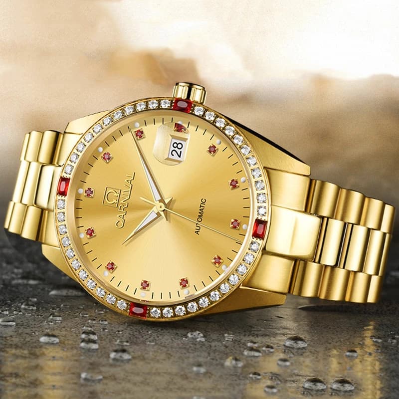 CARNIVAL Luxury Diamond Automatic Mechanical Watch for Men Gold Steel Wristwatch Luminous Sapphire Crystal Relogio Masculino