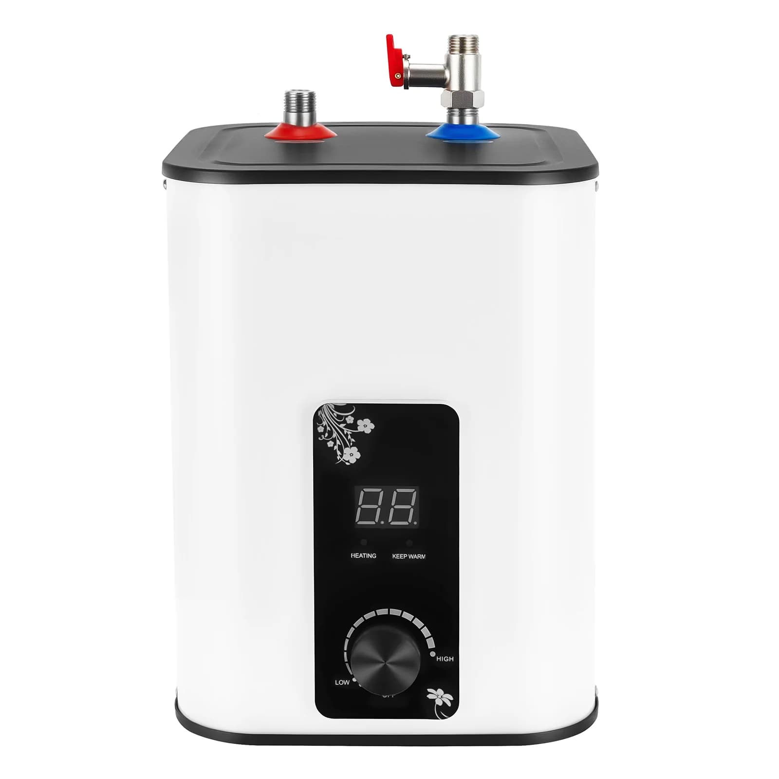 Top Discharge Mini Tank Hot Water Heater SY 8 White Black Color ABS Stainless Steel Material Ultrasonic Welding Process 110 120V 50 60Hz US Standard Plug 1500W 0.75Mpa Pressure IPX4 Waterproof 8L Small Electric Water Heater