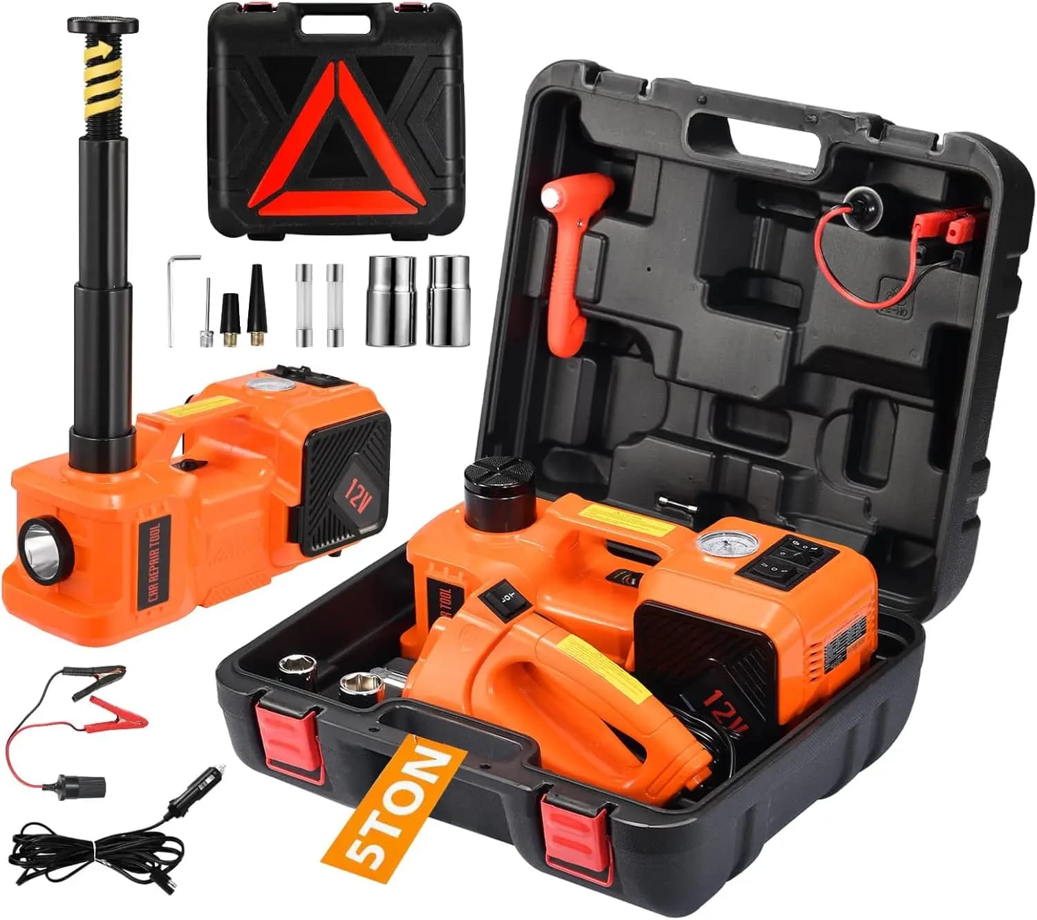 Kit Martinetto Idraulico Elettrico da 5 Tonnellate con Avvitatore a Impulsi, Gonfiatore Pneumatici e Luce LED per SUV e Berlina - Martinetto da Pavimento Portatile 12V
