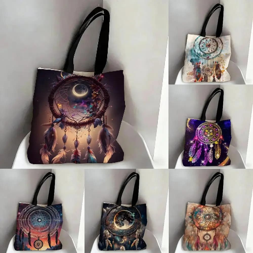 Artwork Dream Catcher Storage Bags Canvas Double-Sided Print Fashion Shoulder Tote Shopping Bag Gift Eco Handbags