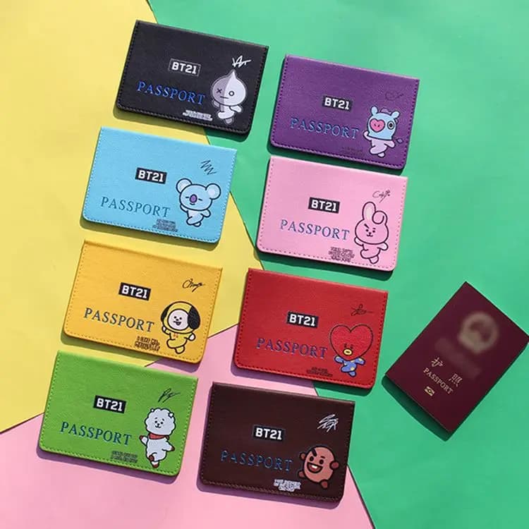 BTS Passport Holder Cute Cartoon Creativity Leather Cover Passport Air Ticket Storage Bag Trend Portable Passport Ticket Clip