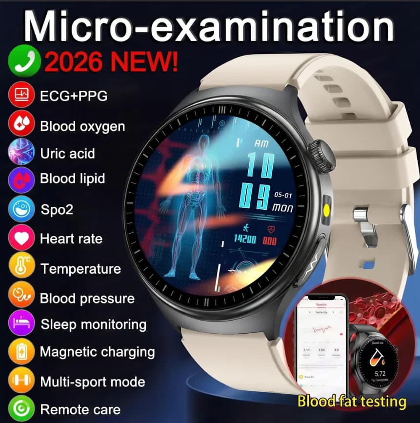 2026 New ECG+PPG Heart Health Analysis Uric Acid Smart Watch Body Fat BP Blood Oxygen HD Clock BT Call Smart Watch For Men Women