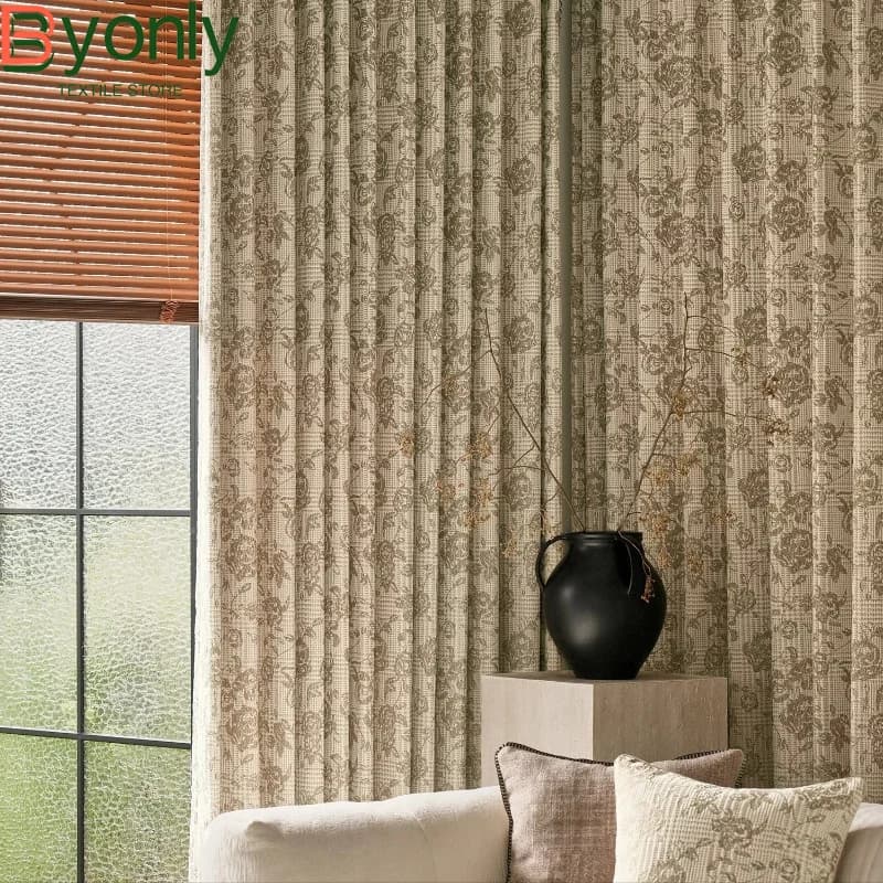 French Retro Milk Tea Extremely Jacquard Splicing Thick Chenille Curtains for Living Room Bedroom Partition Curtains Customized