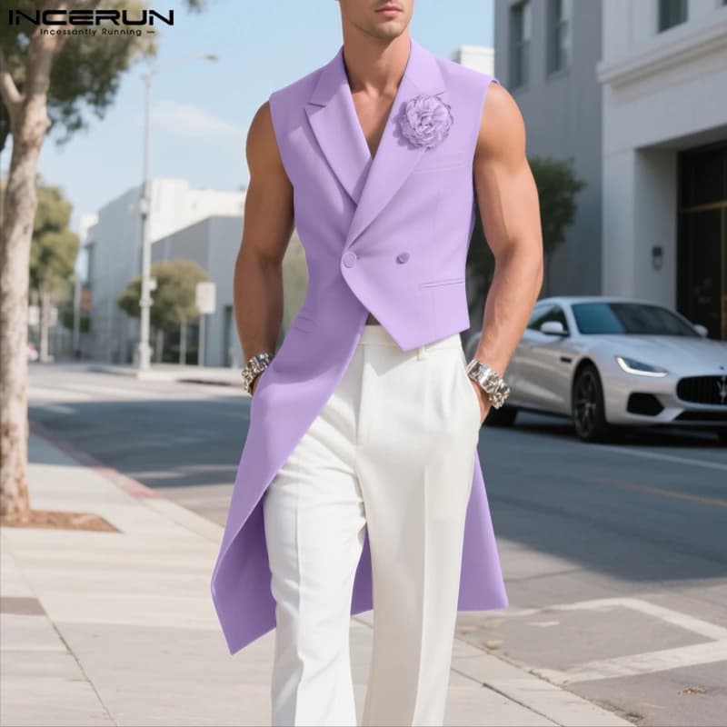 INCERUN Giacca da uomo Gilet Decorazione floreale Risvolto Senza maniche Gilet irregolari Uomo Streetwear Bottone Abiti casual Giacca da uomo