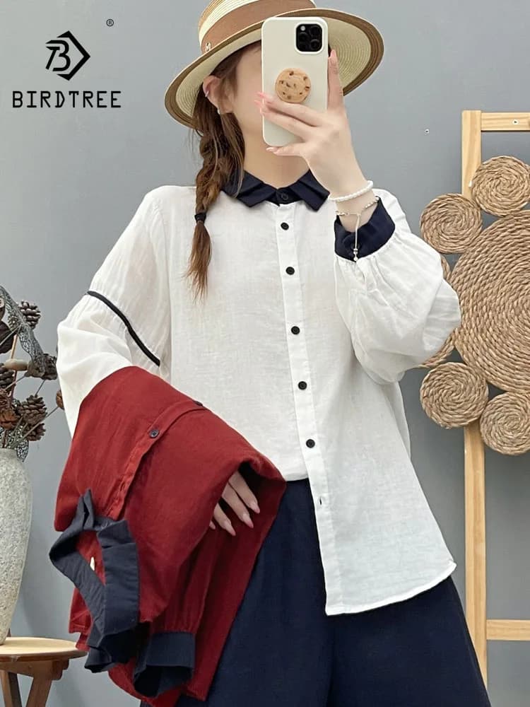 New 2026 Autumn Women Cotton Yarn Long Sleeve Shirt, Turn-down Collar Patchwork, Mori Girl Design Sense Loose Blouse T68722CC