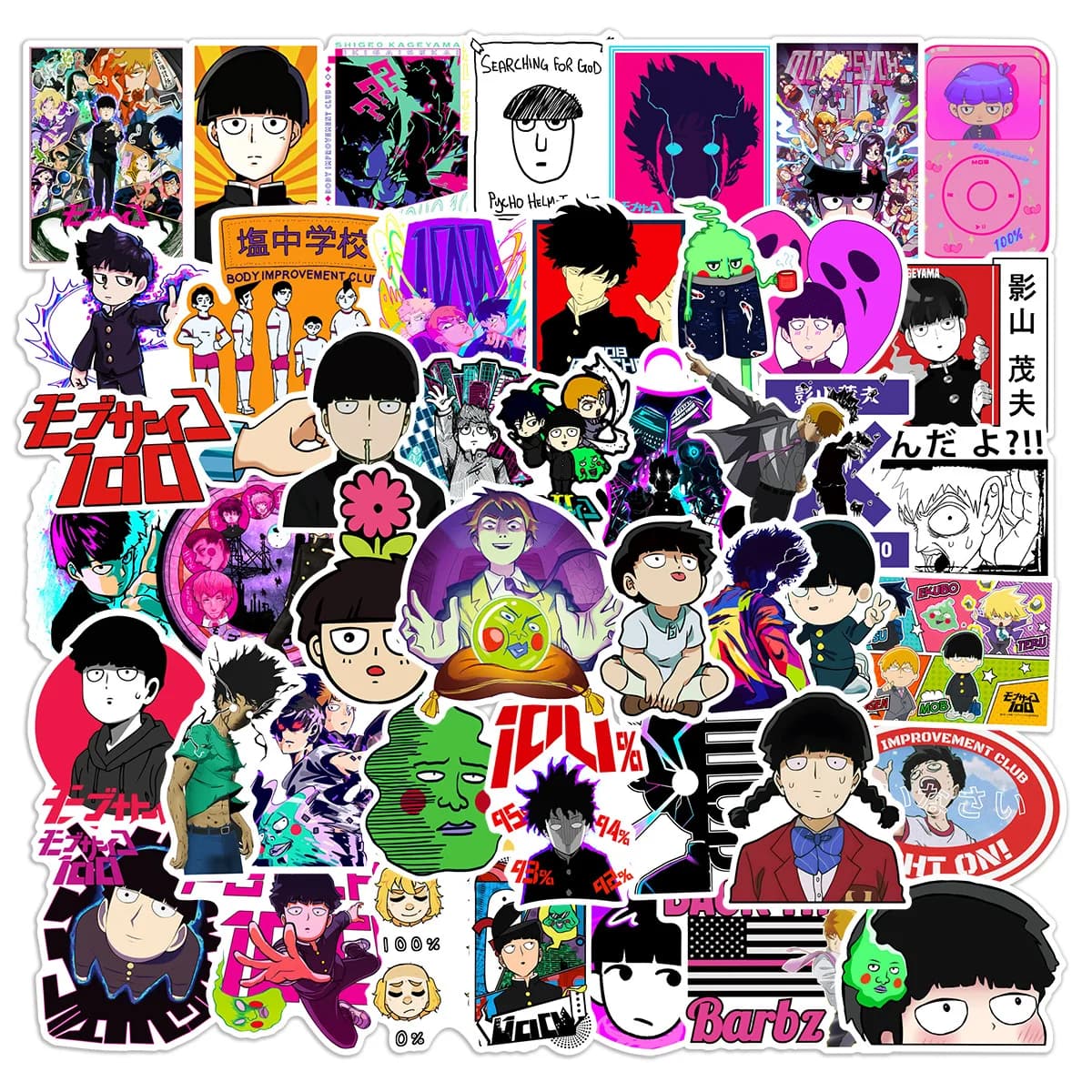 50 Pezzi Adesivi Anime Mob Psycho 100, Decalcomanie Mobu Saiko Hyaku Impermeabili, Adesivi Cartoon Fai-da-Te per Skateboard e Laptop
