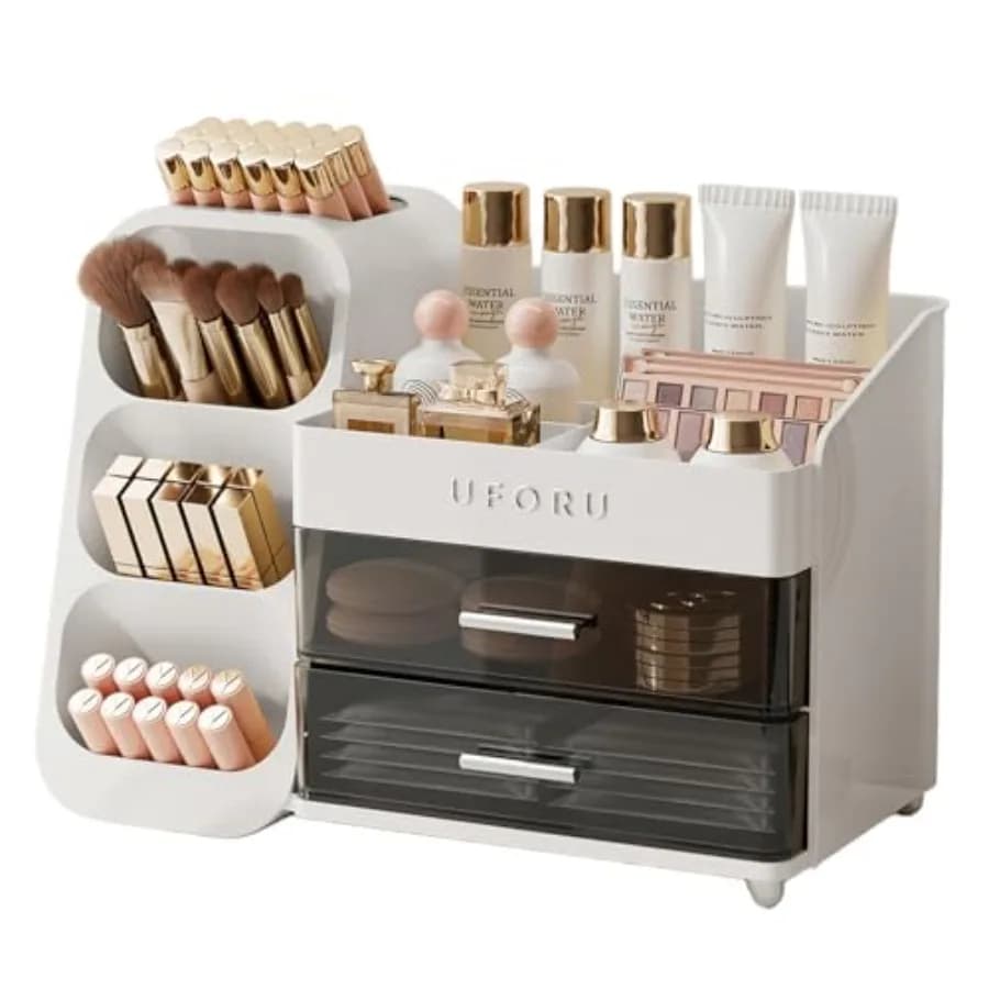 Makeup Organizer for Vanity with Brush Holder Countertop Skincare Organizer with 2 Drawers Spacious Cosmetic Display Case for P