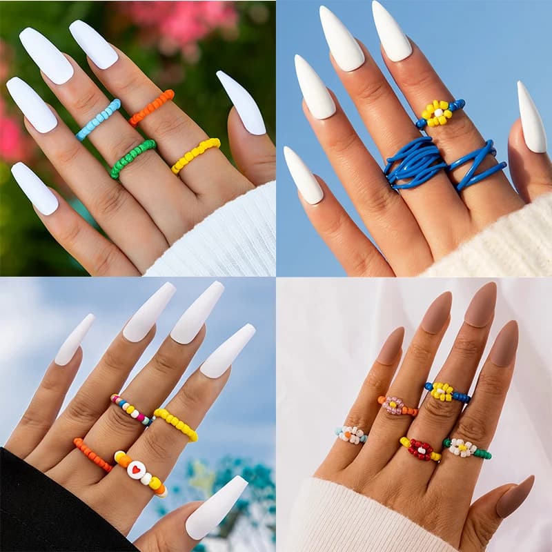 Docona simple colored small flower rings set for women ins wind handmade fabric seed beads rings jewelry rings 5 pcs/set 16098