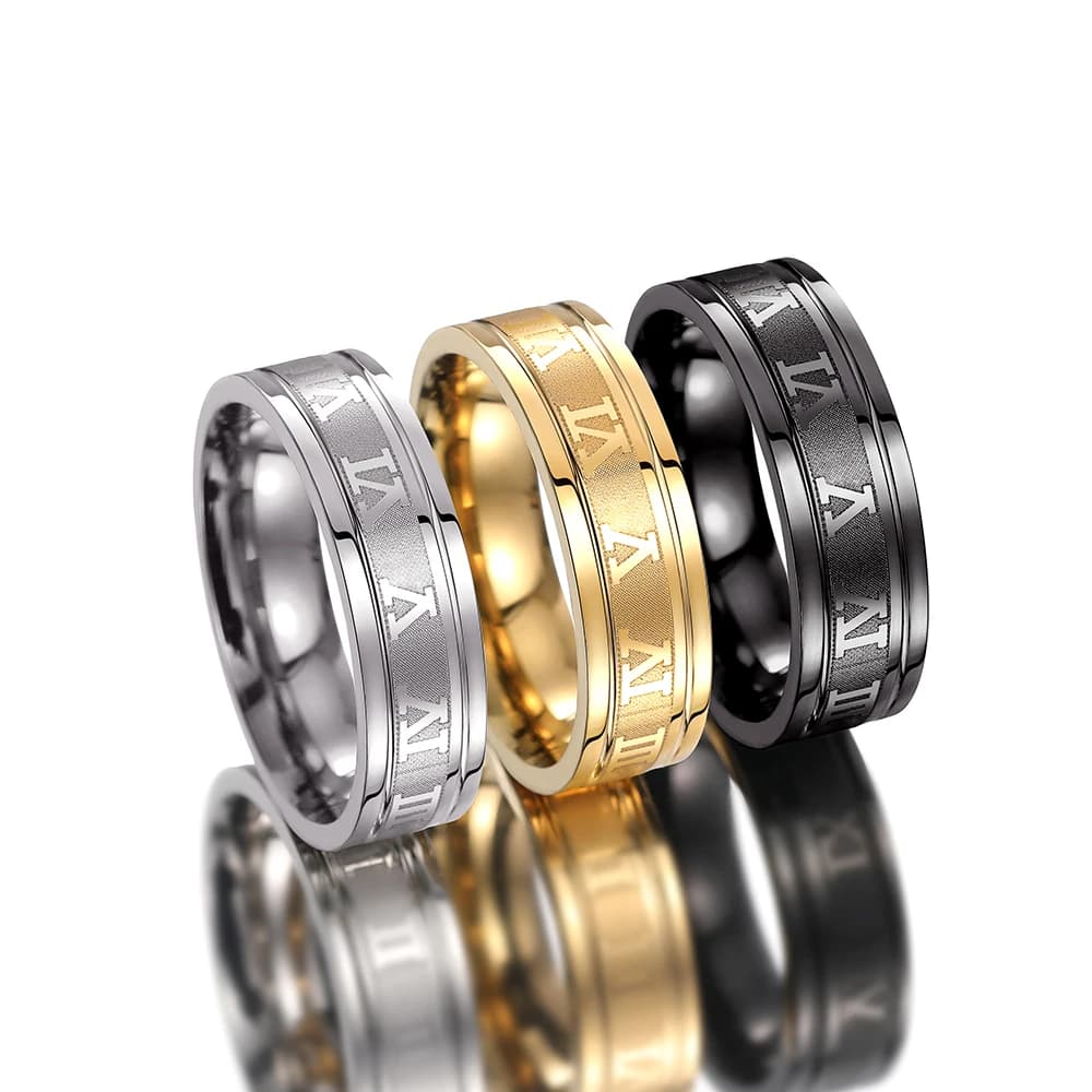 Anello Girevole Classico con Numeri Romani – Acciaio Inossidabile Argento/Oro/Nero, Gioiello Antistress per Uomini e Donne