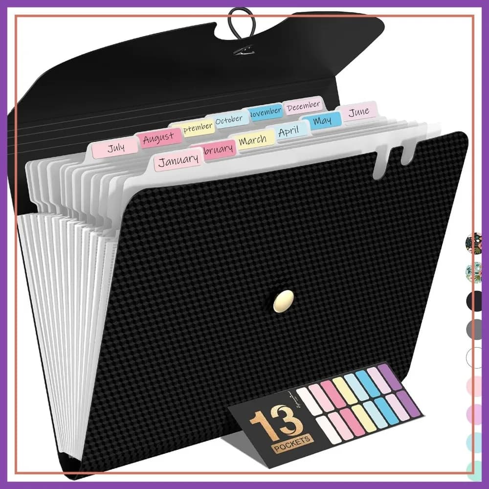 Cartella Portadocumenti Espandibile a 13 Tasche, Organizzatore a Fisarmonica con Etichette, Porta Scontrini Portatile per Ufficio e Scuola, Formato Lettera A4