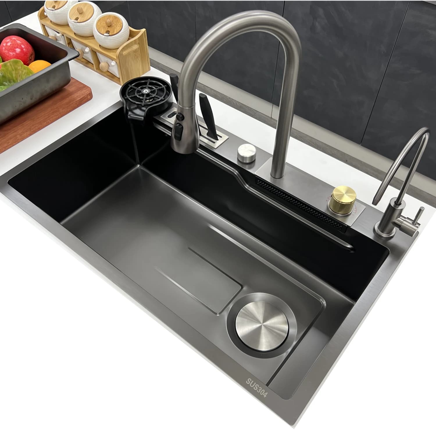 Kitchen sink Feiyu waterfall sink black 304 stainless steel sink with cup washer and kitchen knife washbasin holder for domestic use