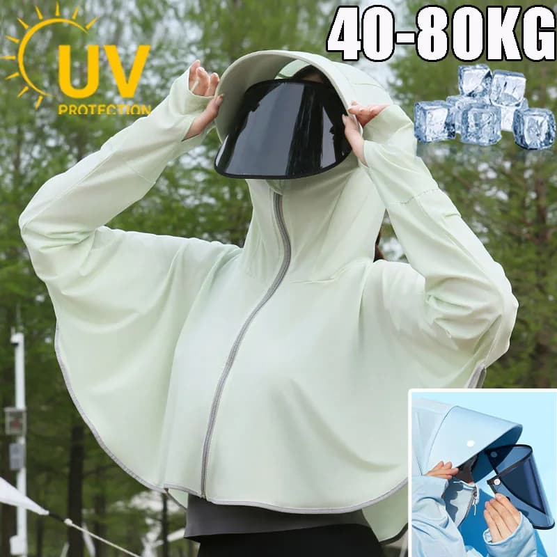 Sun Protective Clothing in Ice Silk for Women, Spring-Summer Mantella Style, Jacket with Anti-UV Hood, Breathable and Comfortable
