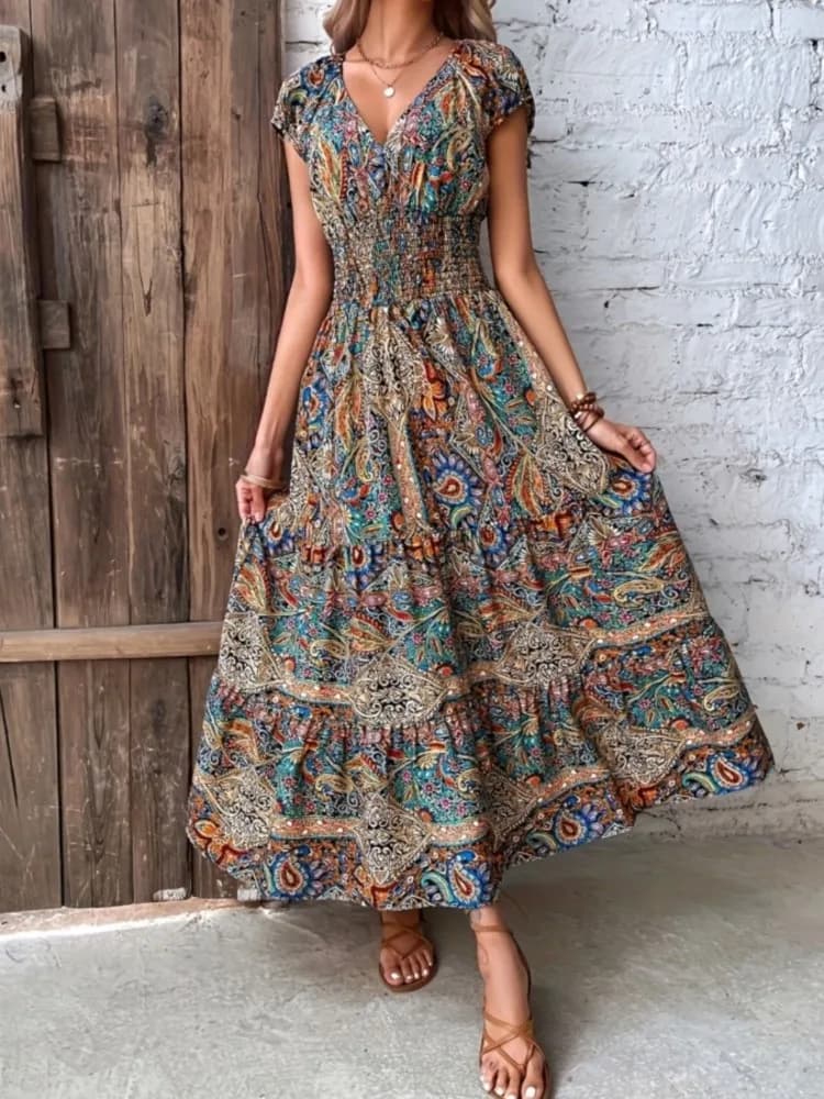 Abito estivo da donna nuovo Boho moda elegante scollo a V manica corta Beach Party Office Holiday abiti casual per le donne Robe Femme