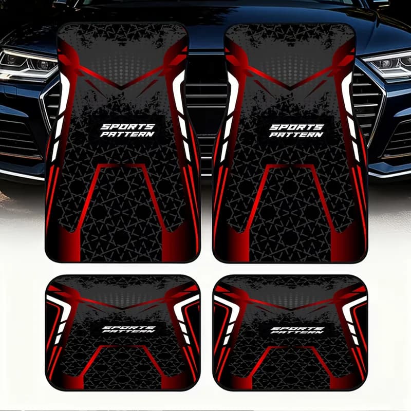 Set di 4 tappetini per auto con motivi sportivi, design futuristico con motivi geometrici in bianco e nero con accenti rossi, stile moderno.