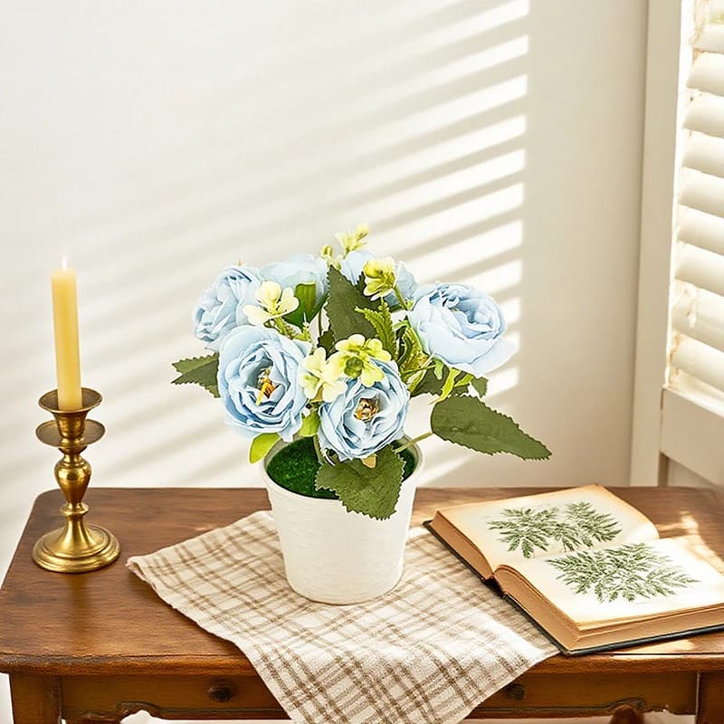 Decorazione con pianta di peonia artificiale in vaso, adatta per l'uso in interni, come per il posizionamento in soggiorno di piante artificiali in vaso in tessuto di seta.