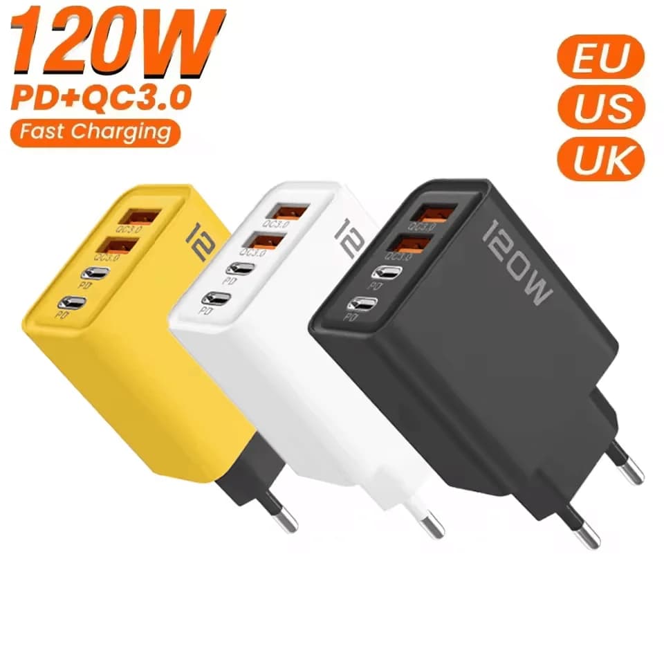 Caricatore USB C 4 in 1 da 120W, caricatore rapido per telefono, adattatore di alimentazione per iPhone, Samsung, Xiaomi, Quick Charge 3.0, caricatore da parete con spina EU/US/UK