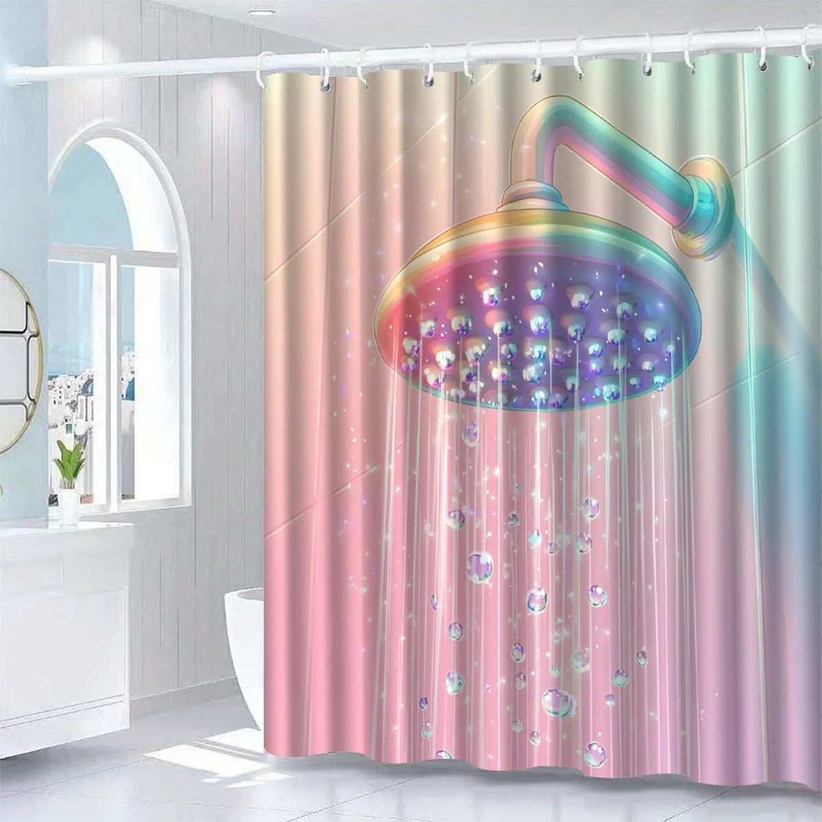 Tenda colorata con design per soffione doccia - Motivo a bolle arcobaleno vibrante, poliestere, lavabile in lavatrice, arredamento da bagno moderno
