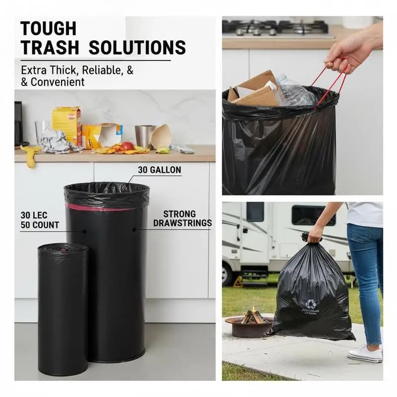 Garbage Liners 30 Gallon 50 Count For Kitchen Office RV Camping, Thick Strong Durable Waste Bags Recyclable Bin Sack Drawstring Closure Black