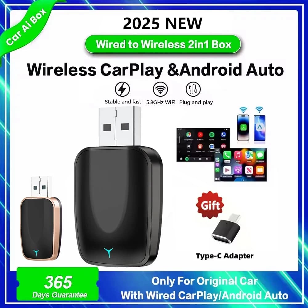 Carplay Android Wireless Adapter 2 in 1 Car Gadget Smart Magic Box Plug and Play 5Ghz Wifi Plug and Play Seconds Link