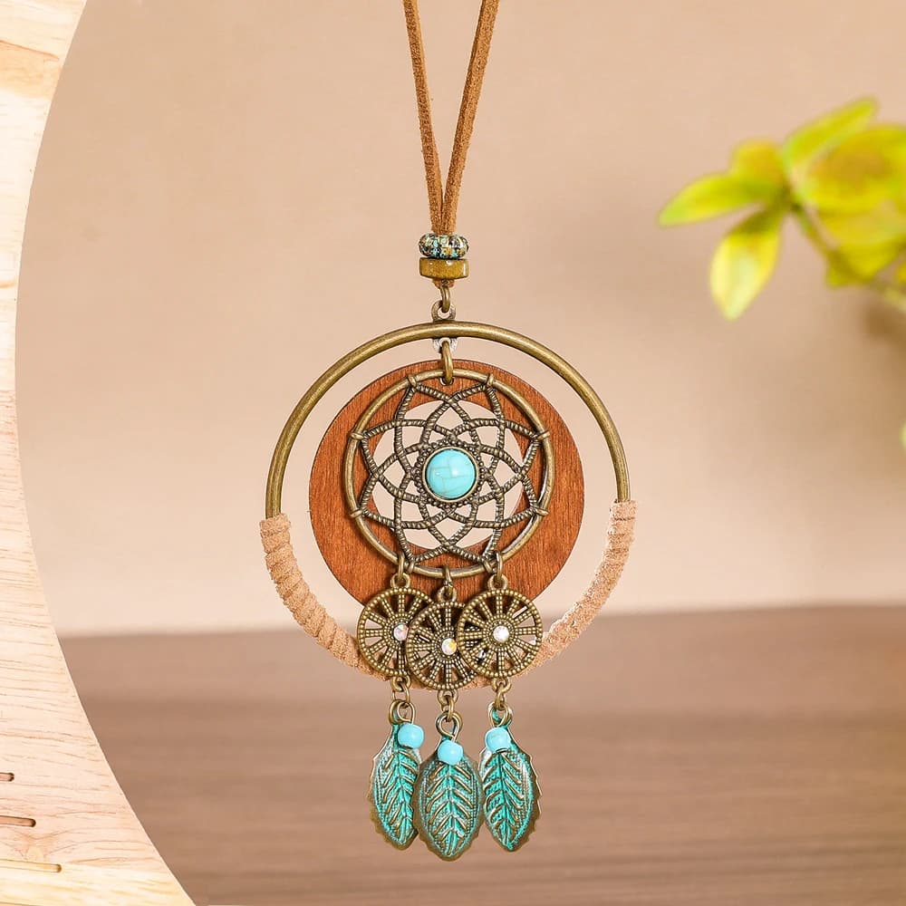 Boho Vintage Pendant Necklace Long Sweater Chain Dreamcatcher Statement with Turquoise Daily Wear Party Decors Versatile Gifts