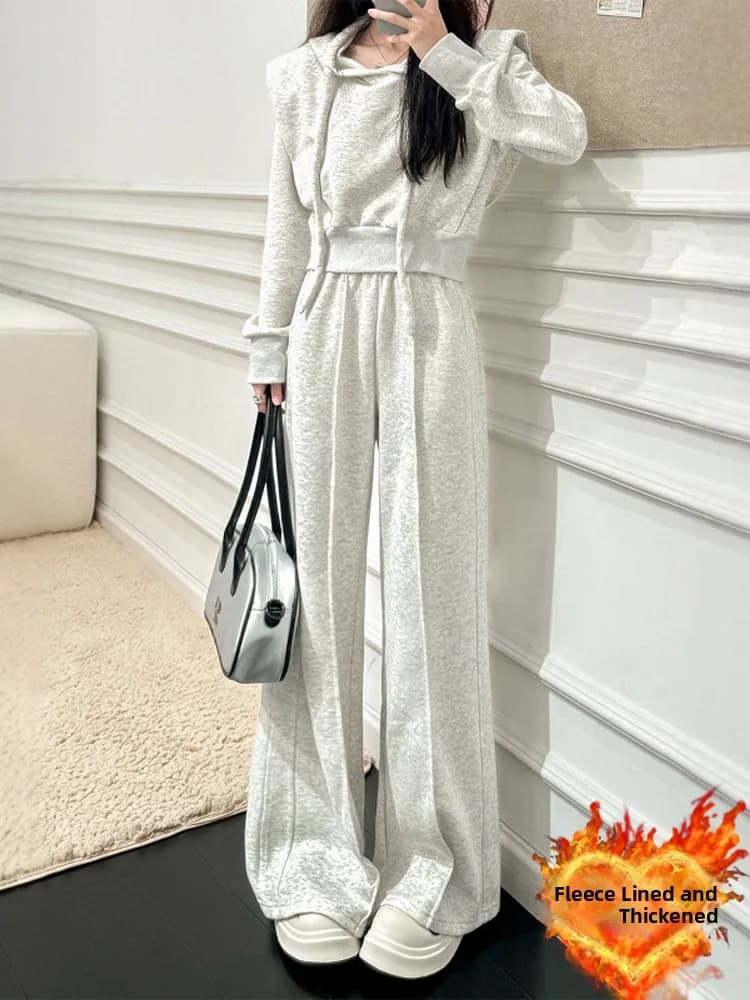 Trendy Street Sle Casual Sportswear Set Women's Autumn Winter New Fce Hoodie Wide Leg Pants Two Piece Set Polyester Long...