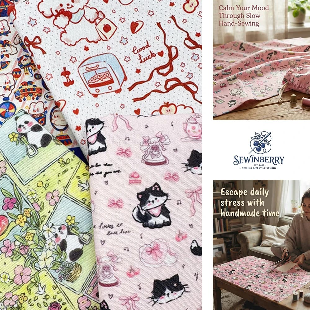Kawaii Vintage Mixed Cartoon Panda Dog Cat Circus Print Cotton Fabric Stress Relief DIY Sewing Material For Kids Dress Craft