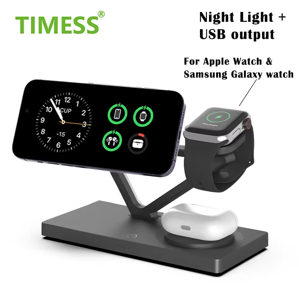 TIMESS Caricabatterie Wireless 3 in 1 per iPhone 17 16 15 14, AirPods 2 3 Pro, Stazione di Ricarica per Apple Watch e Galaxy Watch