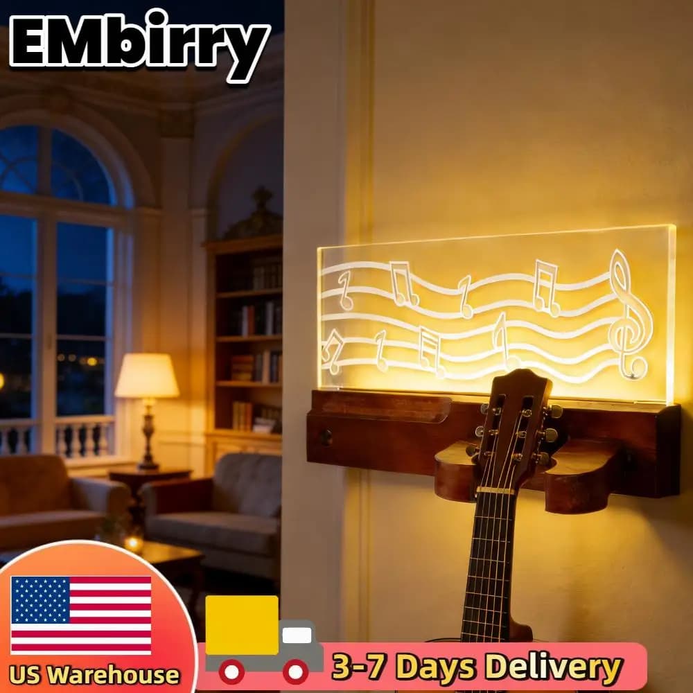 Supporto da parete a LED per chitarra con mensola e porta plettri in legno e acrilico, illuminato, regalo per amanti della musica e musicisti