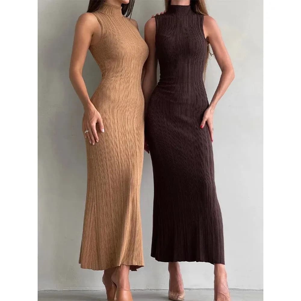 Abito Lungo a Collo Alto Senza Maniche Tossy, Vestito Aderente in Maglia per Donna, Elegante Abito Maxi Casual per Signore