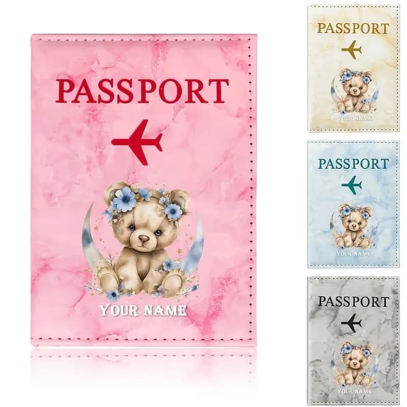 Personalized Name Blue Flower Moon Bear Illustration Passport Holder, Illustration Features Gentle Beige Bear with Blue Flowers