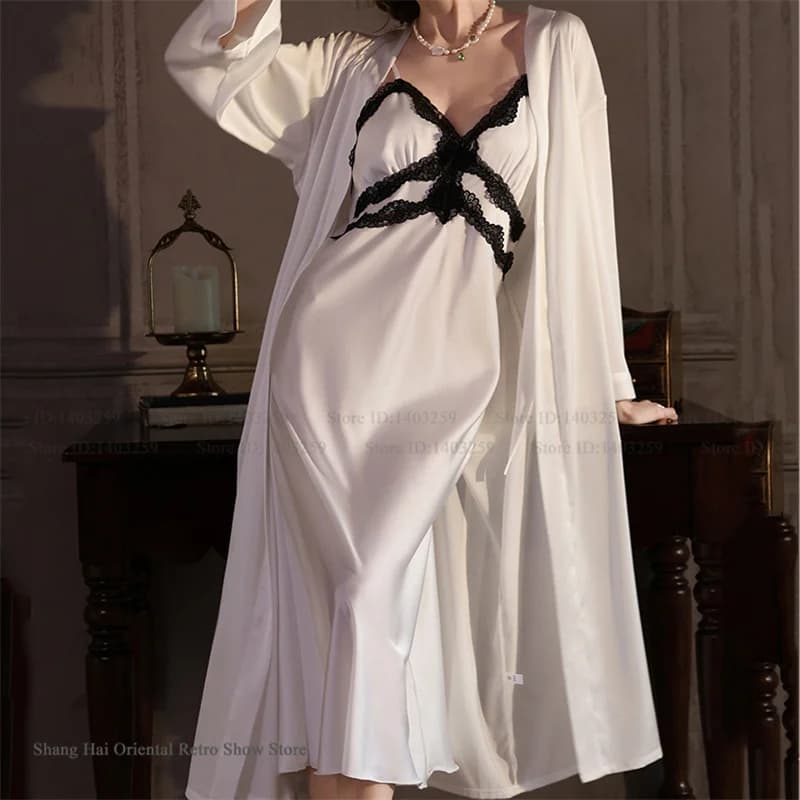 New Set of Women's Long Lungs, Elegant Kimono in Lace, Sexy Night Shirt, Satin Lingerie, Nightwear Comfortable
