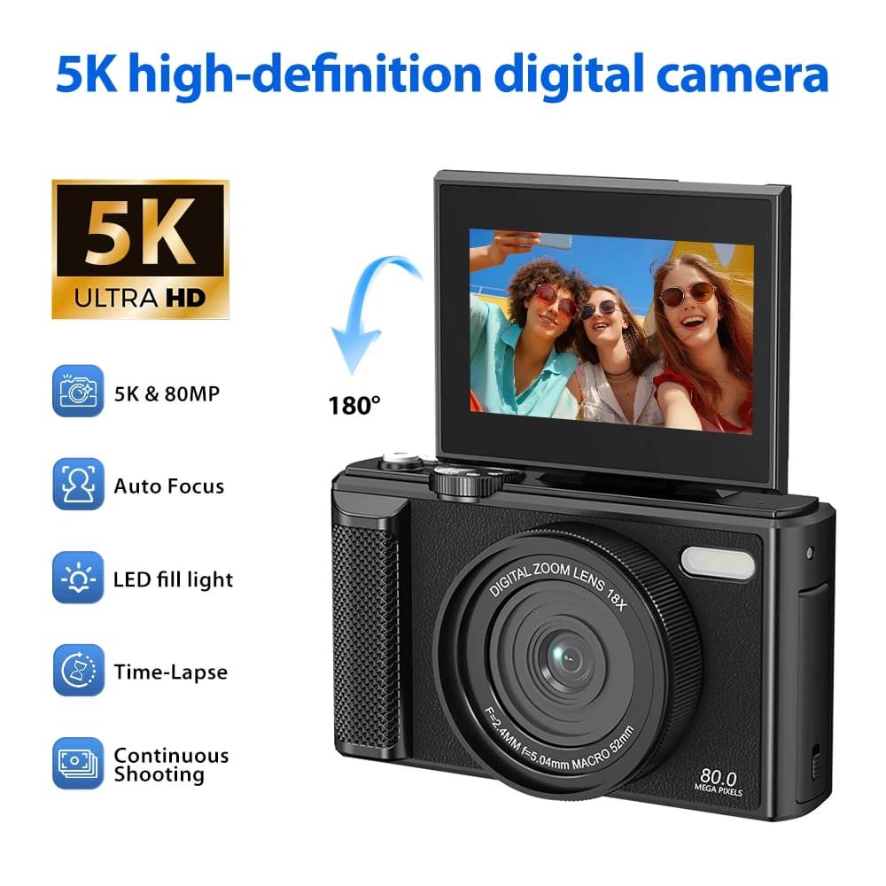 Videocamera Ultra HD 5K, Foto Massime da 75MP, Autofocus AF, Schermo HD da 3.0 Pollici, Zoom Digitale 18X, Controllo WiFi tramite APP, Compatibile con Webcam