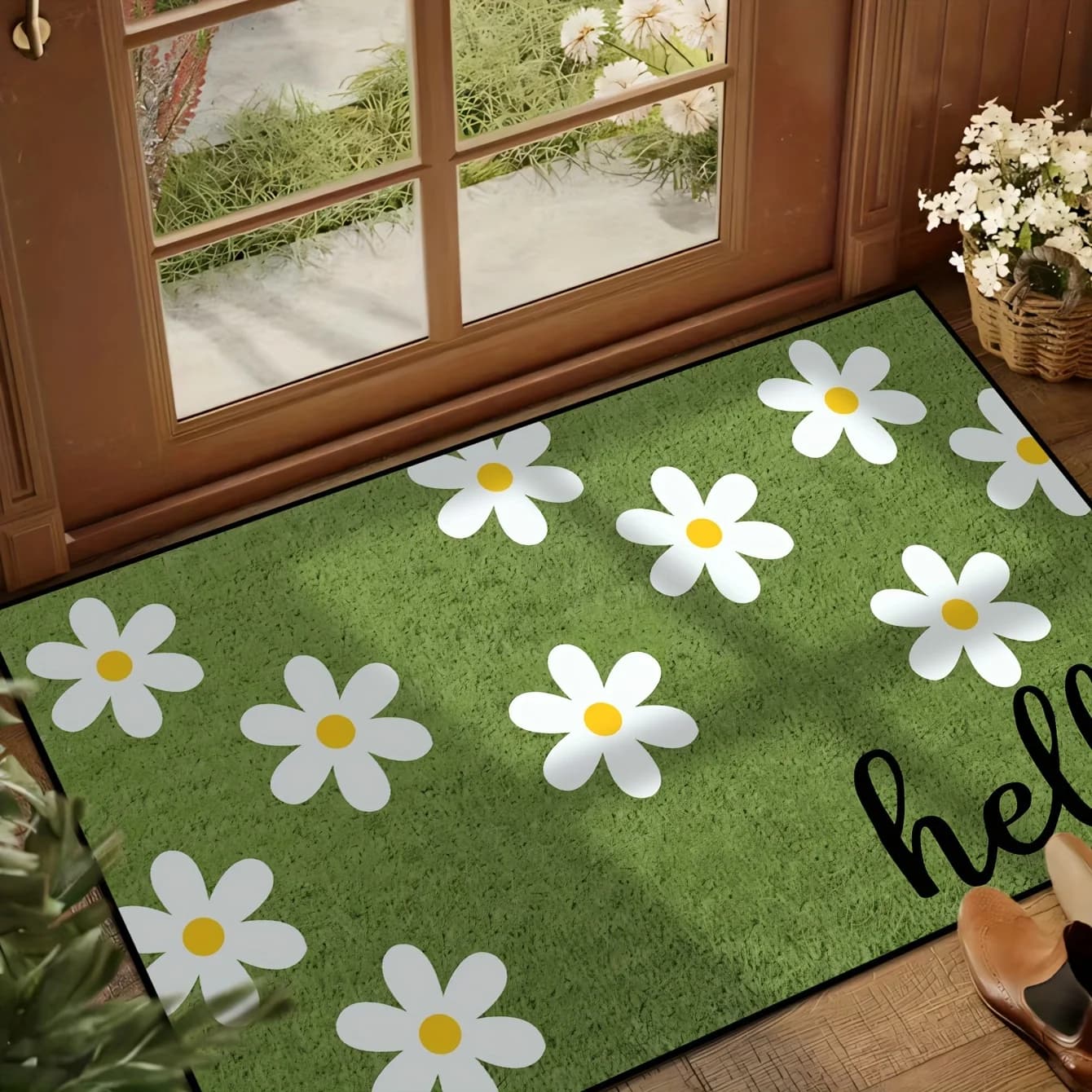 Floral Hello Doormat Waterproof Loop Pile Welcome Mat for Front Door Anti-Slip Entrance Rug Outdoor Indoor Floor Carpet